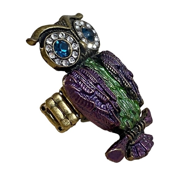Vintage Boho Owl Ring Purple Green Rhinestone Adjustable Stretch Bronze Tone - Picture 2 of 6